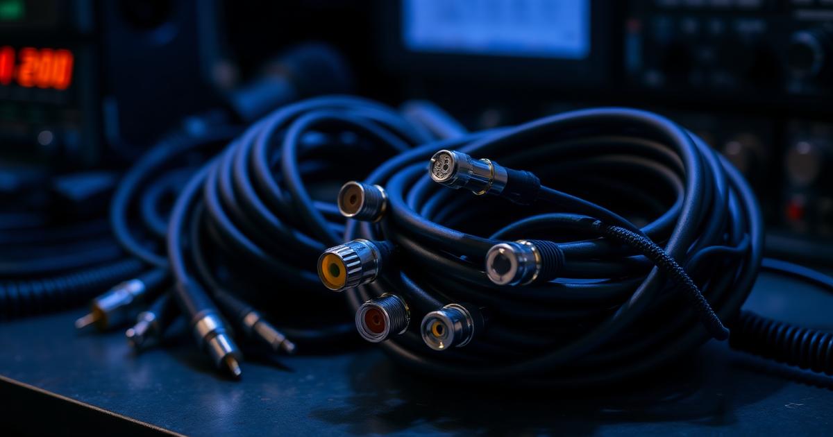 Assorted coaxial cables with PL-259 and N connectors laid out on a workbench under blue lighting