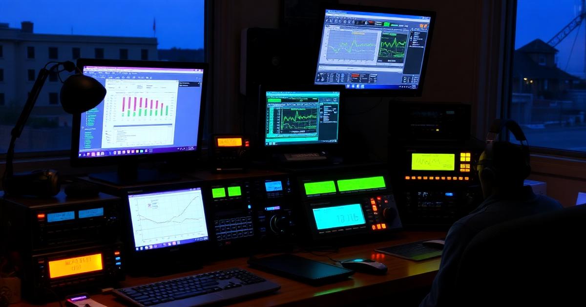 A ham radio contest station at night with multiple monitors, radios and headphones bathed in green display glow