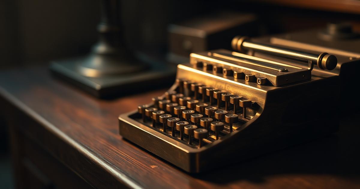 Close-up of a brass Morse code straight key on a wooden desk with warm lamp light
