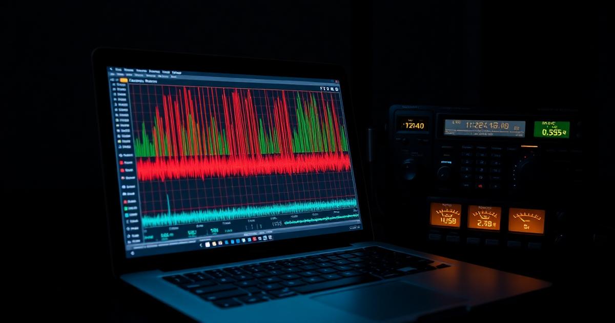 A laptop screen showing an FT8 waterfall display beside an HF transceiver in a dark room