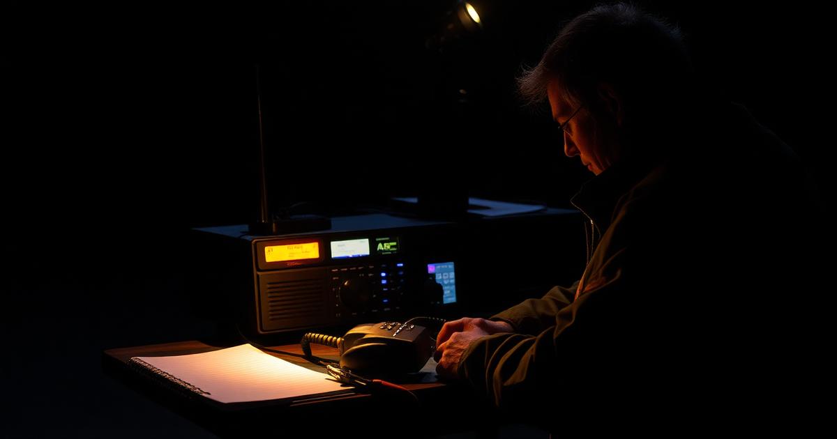 A radio operator working at night by lamp light with a notebook and battery-powered transceiver