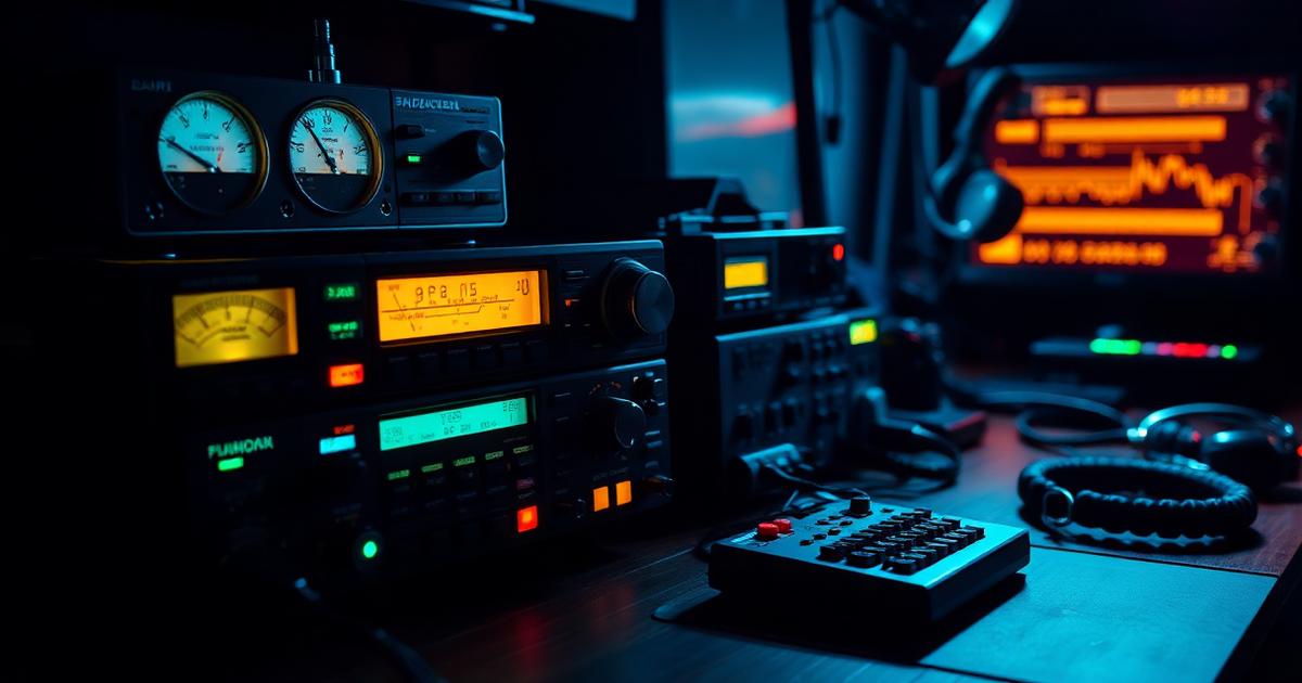 A dimly lit amateur radio operator's desk with glowing transceivers and morse key