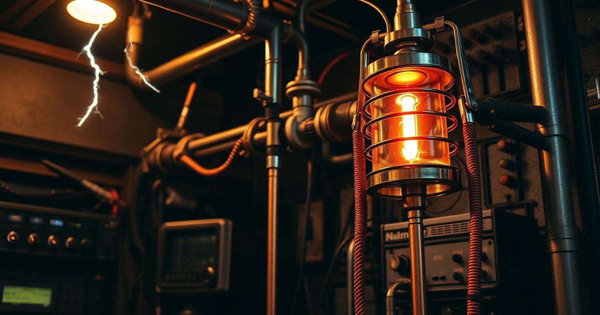 Copper ground rod, braided strap and a lightning arrestor mounted on an equipment rack