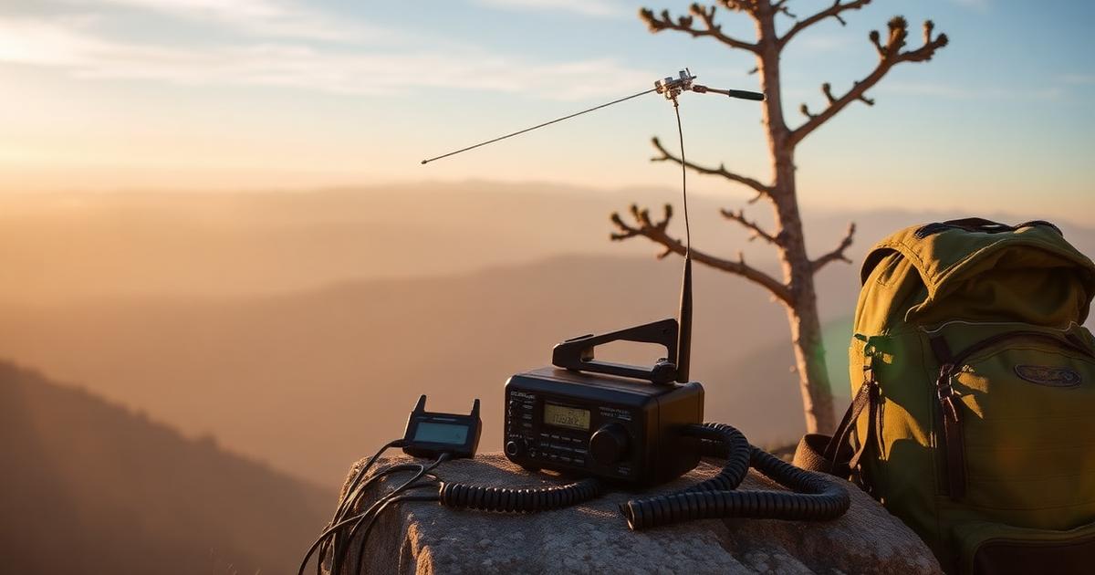 A small portable ham radio setup on a rocky mountain summit at golden hour, with wire antenna and backpack