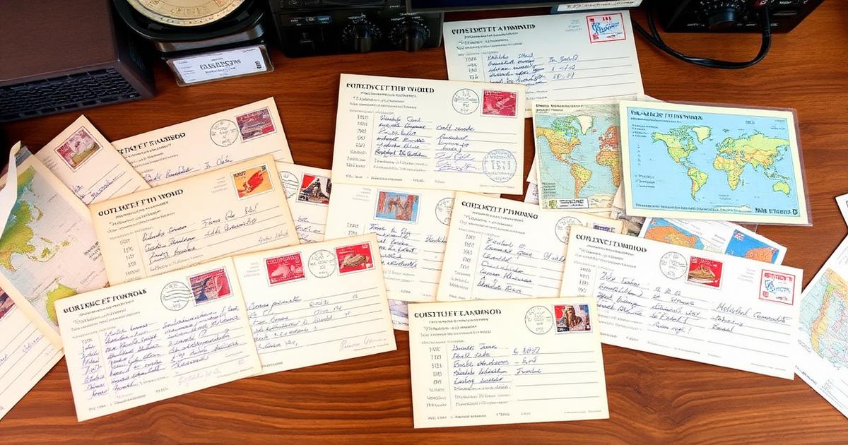 A collection of vintage QSL postcards from around the world on a wooden desk