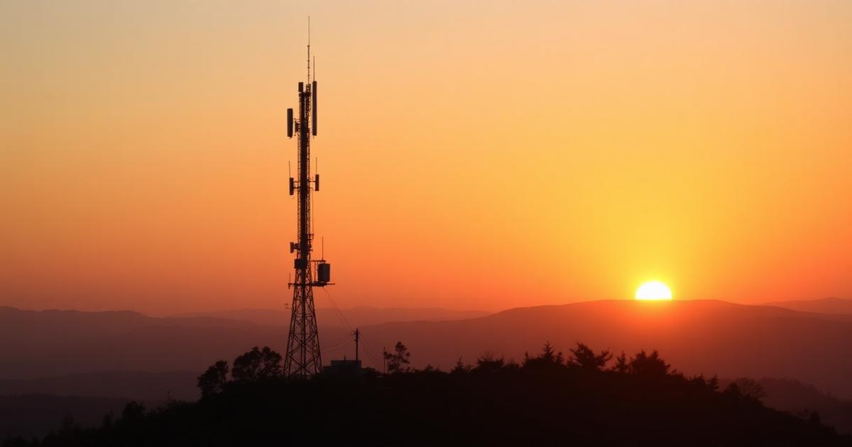 A tall VHF UHF repeater tower silhouetted at sunset on a hilltop