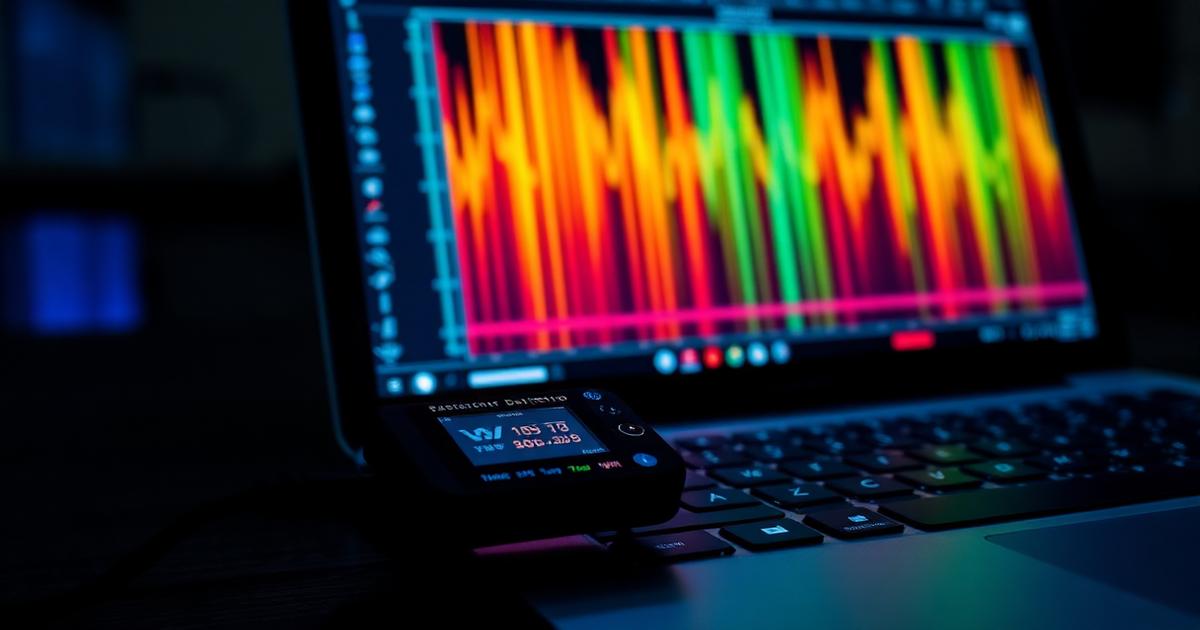 A small SDR dongle connected to a laptop displaying a colorful spectrum waterfall