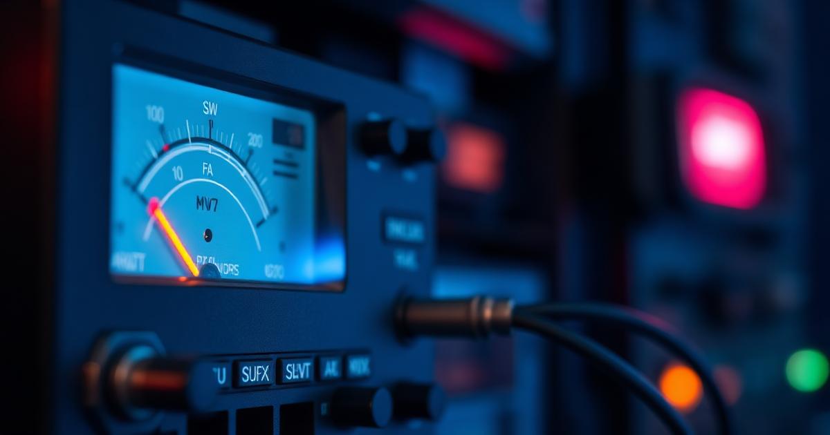 Close-up of an SWR analyzer meter with the needle deflected, coax cable attached