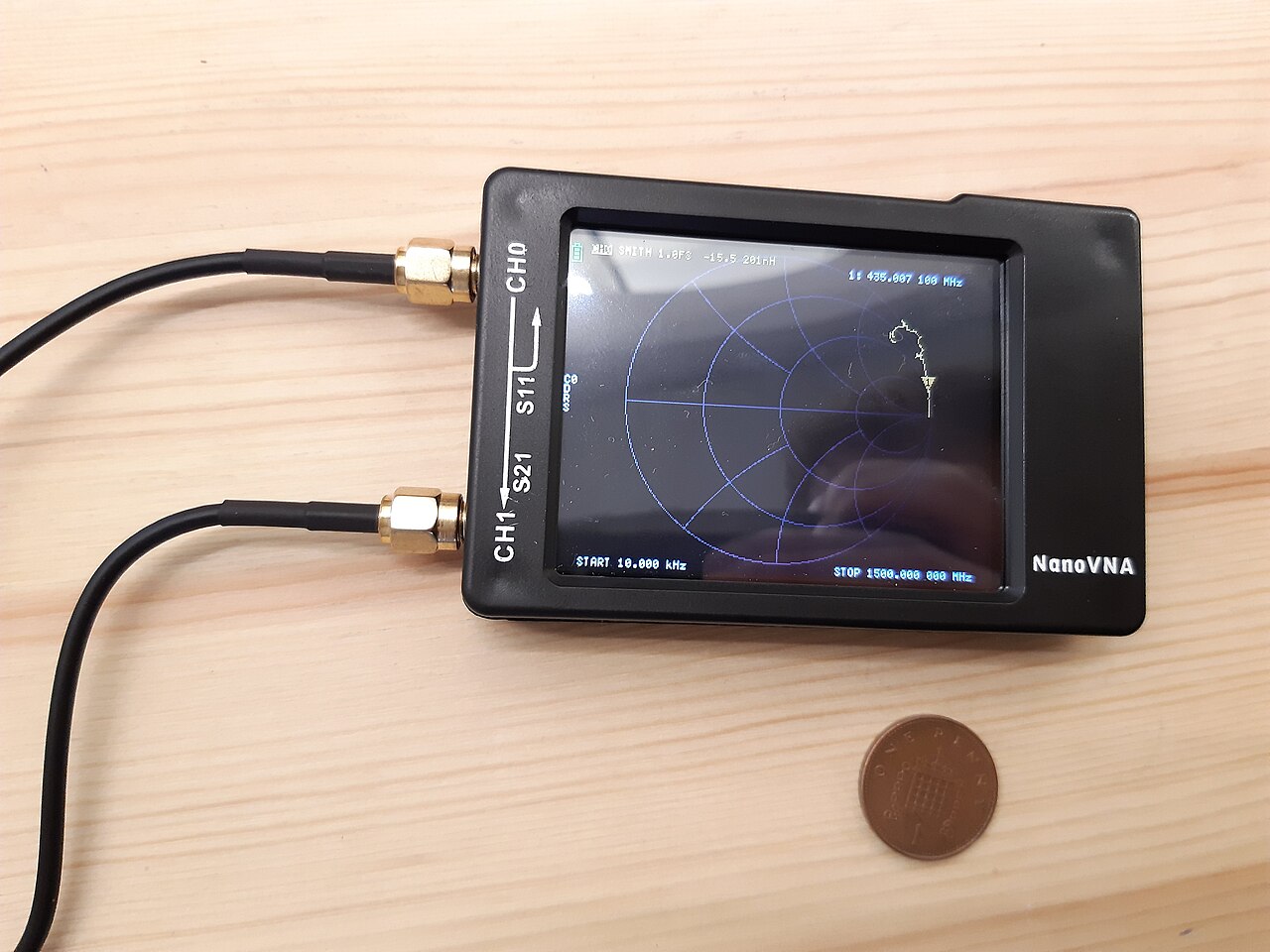 A NanoVNA handheld vector network analyzer displaying a frequency sweep
